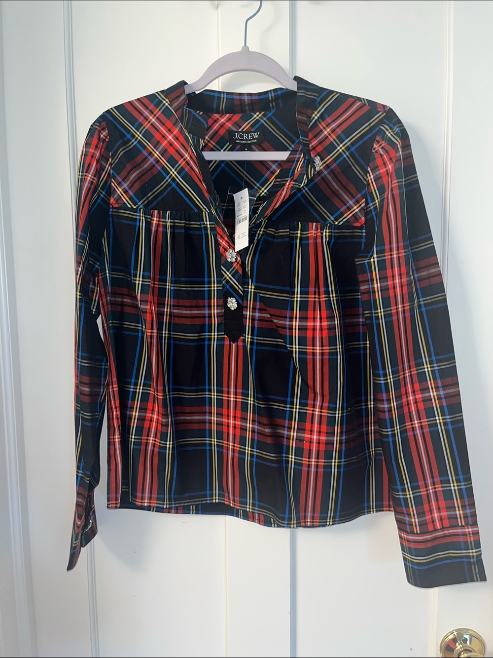 J. Crew Black Plaid Button-Up Blouse with Red and Yellow Stripes